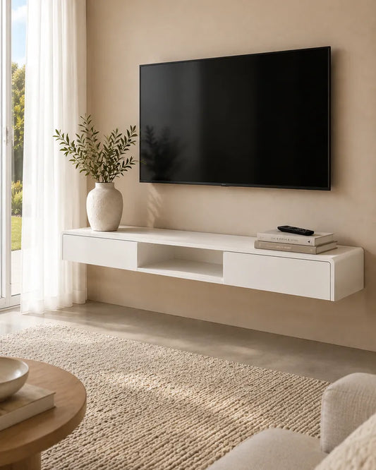 Modern living room with a white floating TV stand, television, and decorative items.