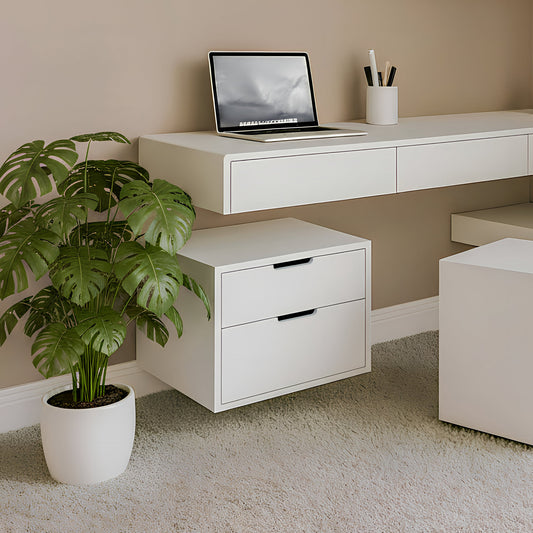 Modern office setup with a white desk, laptop, and plant.