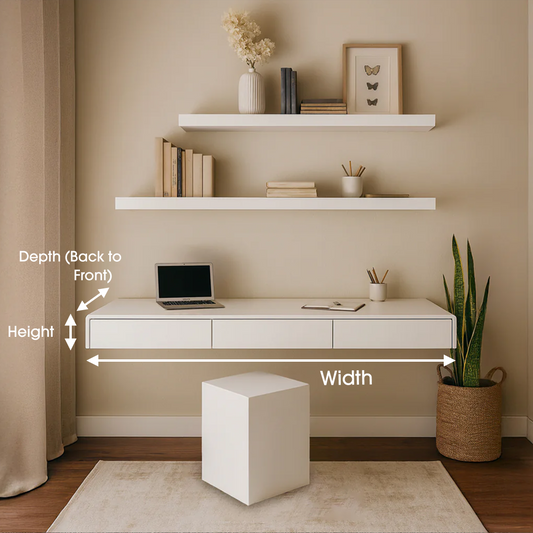 White desk with shelves and a laptop, labeled for measurement, in a room setting.