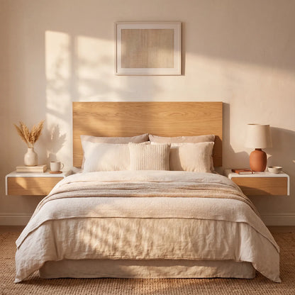 A neatly made bed with cream bedding and a light wood headboard, styled in a warm, minimalist bedroom with floating side tables, a lamp, and soft sunlight streaming across the wall.