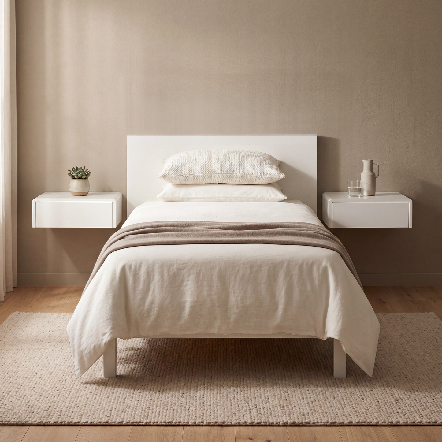 A minimalist white bed frame with a low headboard, dressed in cream bedding and a taupe throw, flanked by two floating white side tables against a warm beige wall.