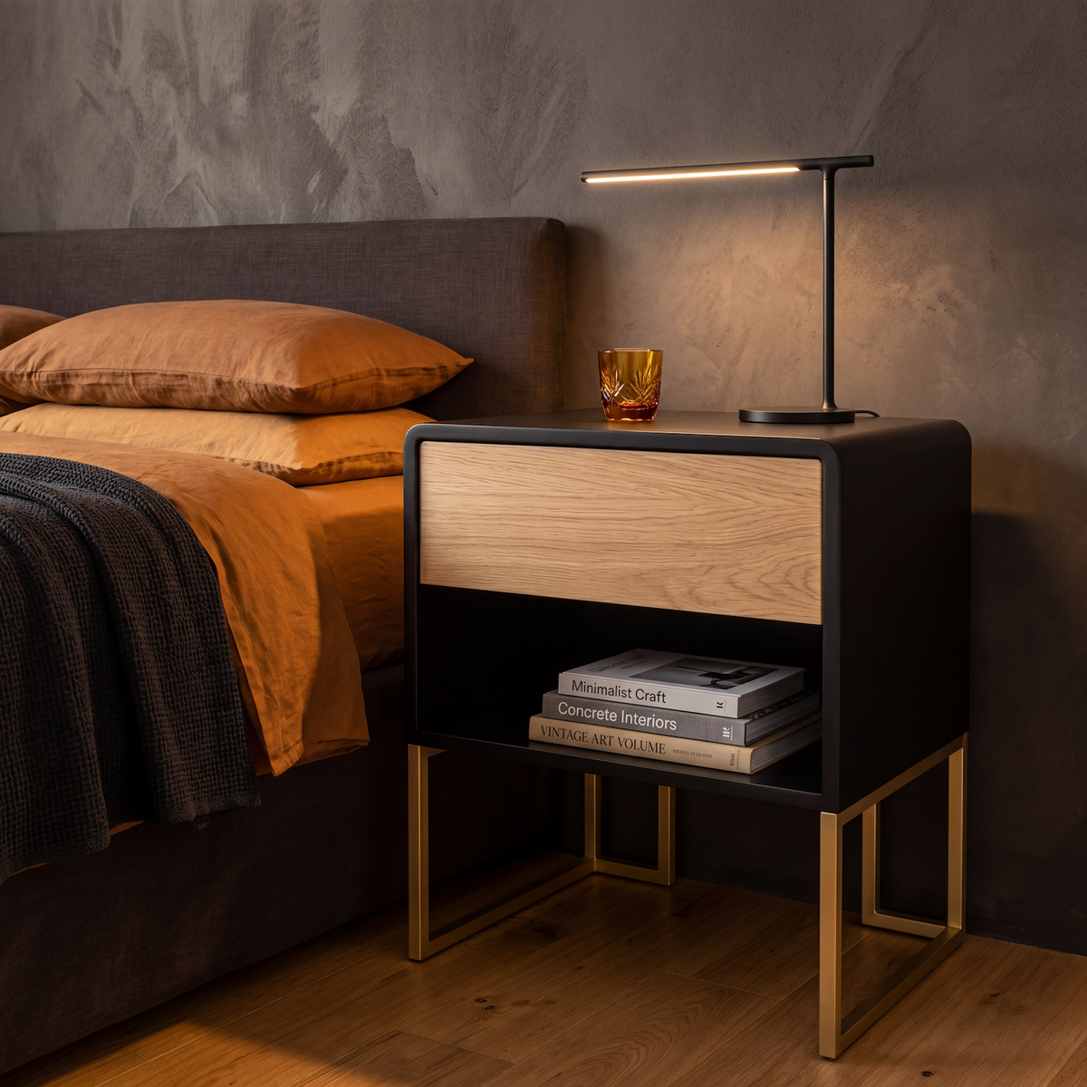 A modern black nightstand with a light oak wood drawer front and gold metal legs, styled next to a bed in a bedroom setting with a black table lamp, books, and an amber glass on top.