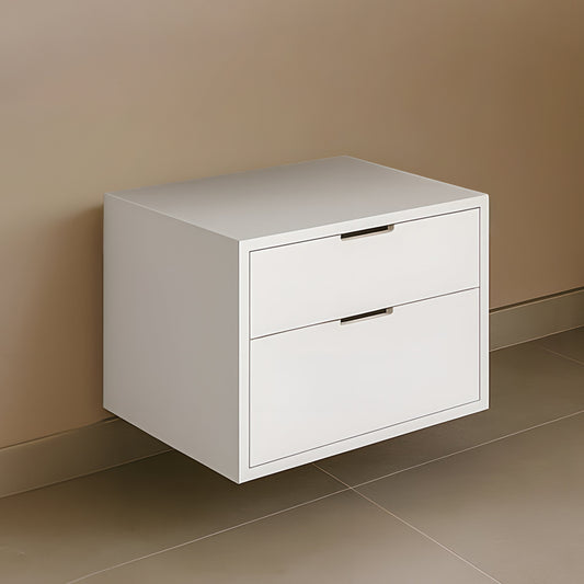 White wall-mounted cabinet with two drawers against a beige wall.