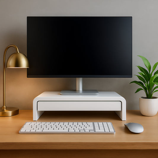Modern office setup with a computer monitor, keyboard, and mouse on a wooden desk.
