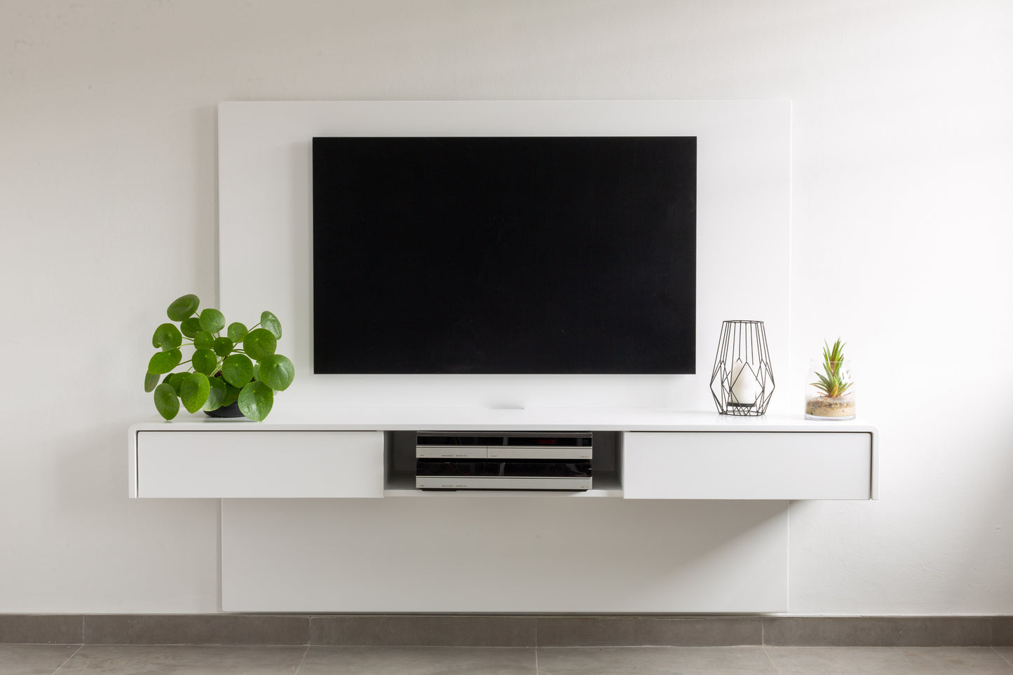 Floating media solution with wall panel & drawer unit