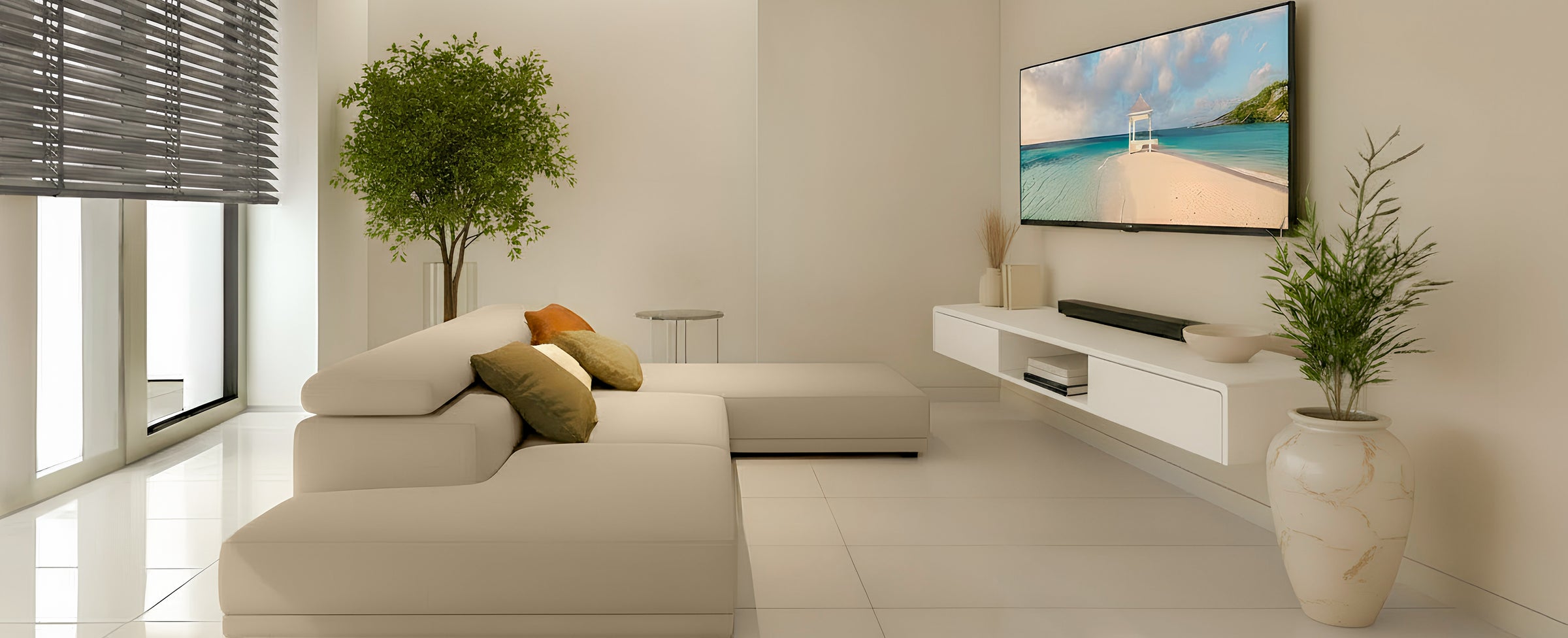 ODEZEN floating TV unit mounted in a modern living room