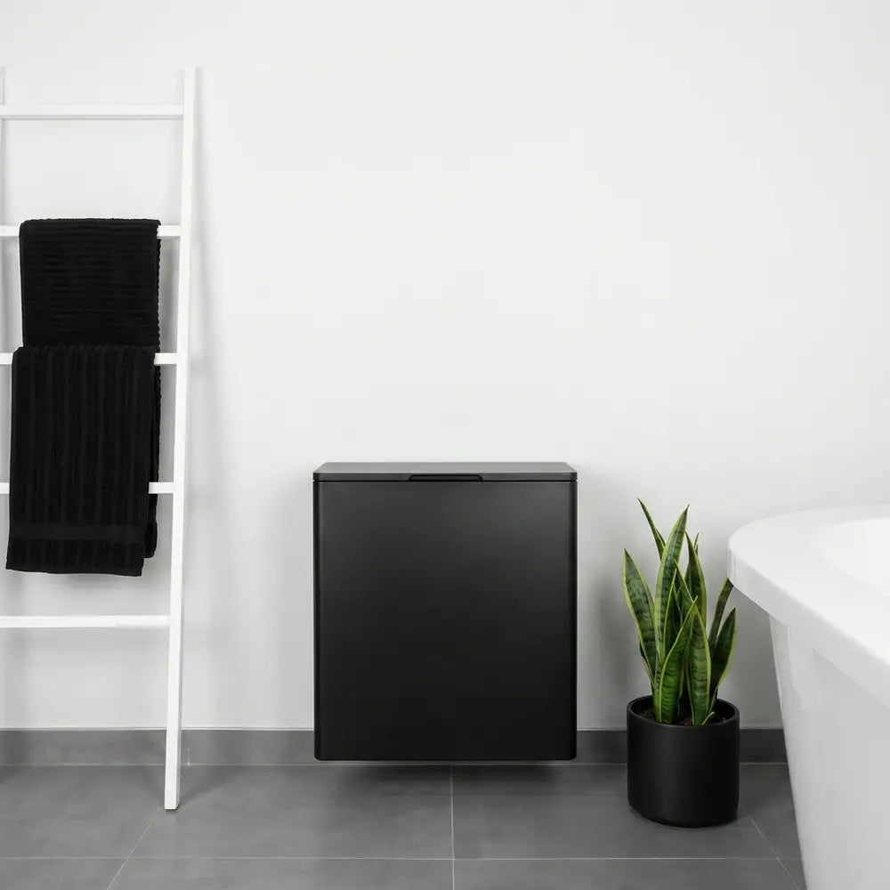A matte black rectangular wall-mounted storage cabinet or organizer shown in a minimalist bathroom setting, flanked by a white towel ladder with black towels on the left and a potted snake plant on the right.